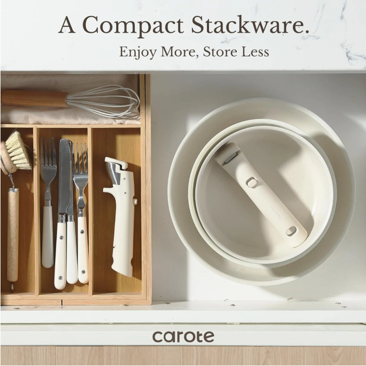 Carote 13 Pcs Nonstick Cookware Sets, Pots and Pans with Detachable Handles, Oven Safe, Induction Cookware, Stackable Kitchen Cooking Set, White