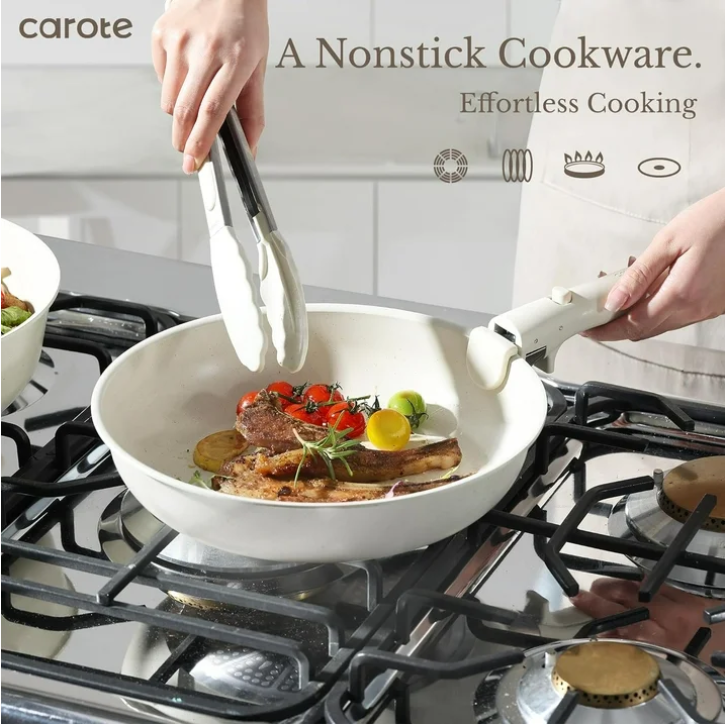 Carote 13 Pcs Nonstick Cookware Sets, Pots and Pans with Detachable Handles, Oven Safe, Induction Cookware, Stackable Kitchen Cooking Set, White