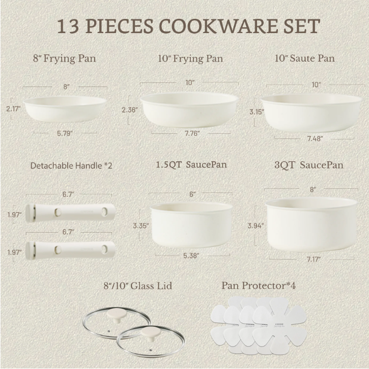 Carote 13 Pcs Nonstick Cookware Sets, Pots and Pans with Detachable Handles, Oven Safe, Induction Cookware, Stackable Kitchen Cooking Set, White