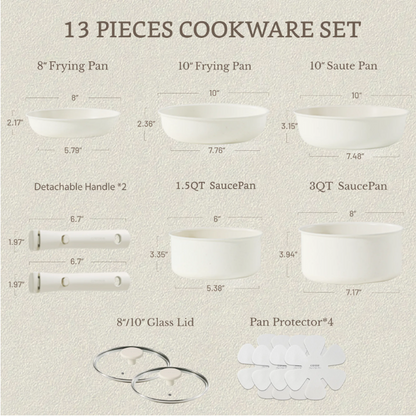 Carote 13 Pcs Nonstick Cookware Sets, Pots and Pans with Detachable Handles, Oven Safe, Induction Cookware, Stackable Kitchen Cooking Set, White