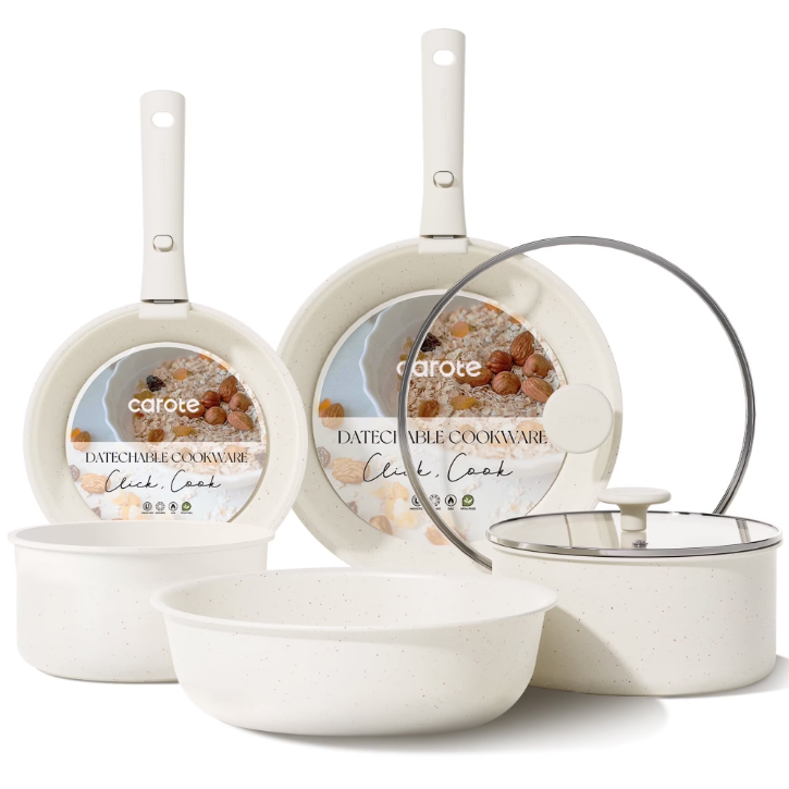 Carote 13 Pcs Nonstick Cookware Sets, Pots and Pans with Detachable Handles, Oven Safe, Induction Cookware, Stackable Kitchen Cooking Set, White