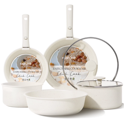 Carote 13 Pcs Nonstick Cookware Sets, Pots and Pans with Detachable Handles, Oven Safe, Induction Cookware, Stackable Kitchen Cooking Set, White
