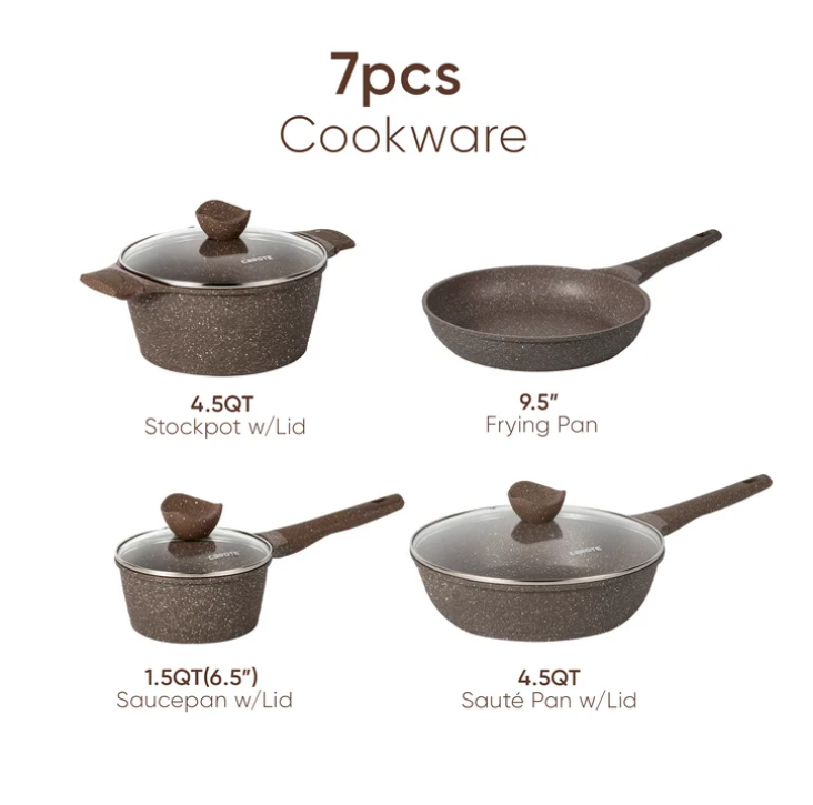 Carote Non Stick Pots and Pans Set, 7Pcs Induction Kitchen Cookware Sets (Brown)