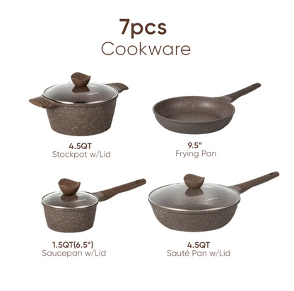 Carote Non Stick Pots and Pans Set, 7Pcs Induction Kitchen Cookware Sets (Brown)