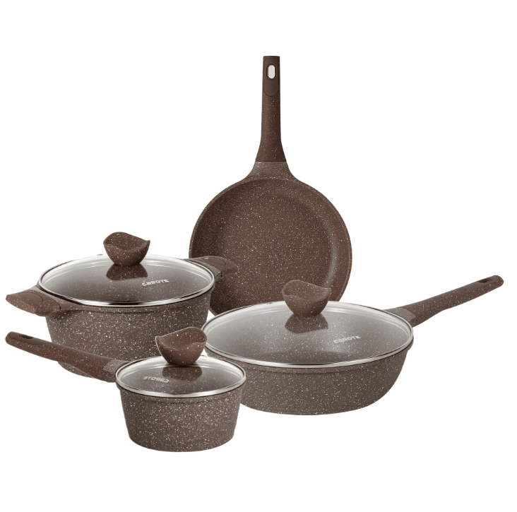 Carote Non Stick Pots and Pans Set, 7Pcs Induction Kitchen Cookware Sets (Brown)