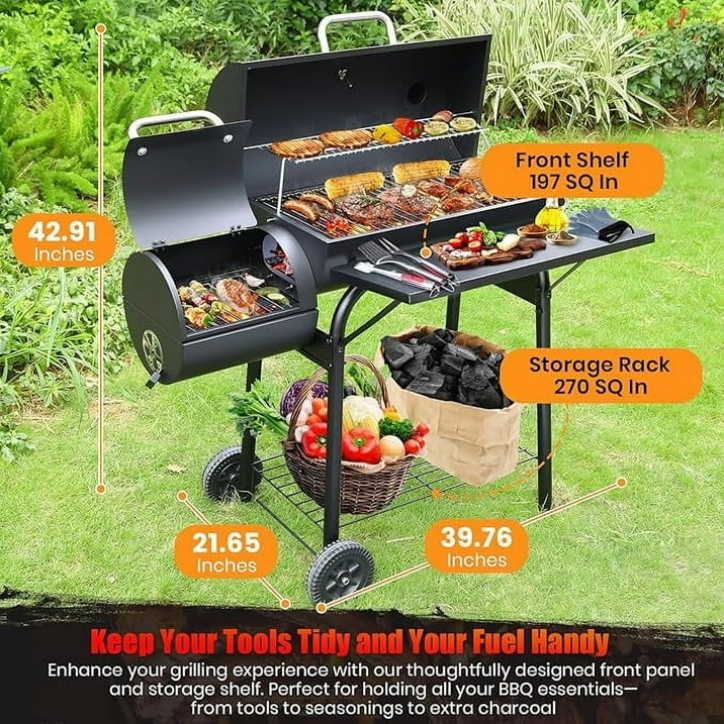 laraVist Charcoal Offset Smoker Grill 512 Sq In Dual Zone BBQ Grill with Thermometer Wheels Outdoor