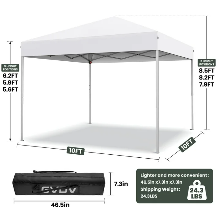 GVDV 10 ft x 10 ft Easy Pop Up Outdoor Canopy Tent, Straight Legs Instant Canopy for Outside with Carrying Bag, White