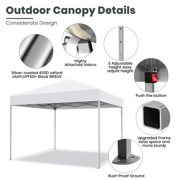 GVDV 10 ft x 10 ft Easy Pop Up Outdoor Canopy Tent, Straight Legs Instant Canopy for Outside with Carrying Bag, White