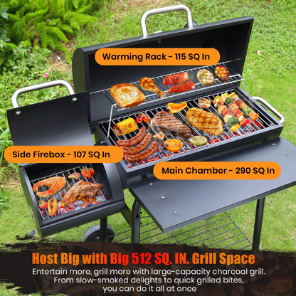 laraVist Charcoal Offset Smoker Grill 512 Sq In Dual Zone BBQ Grill with Thermometer Wheels Outdoor