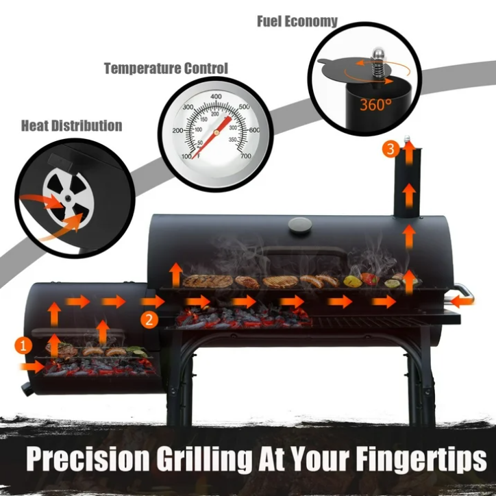 laraVist Charcoal Offset Smoker Grill 512 Sq In Dual Zone BBQ Grill with Thermometer Wheels Outdoor