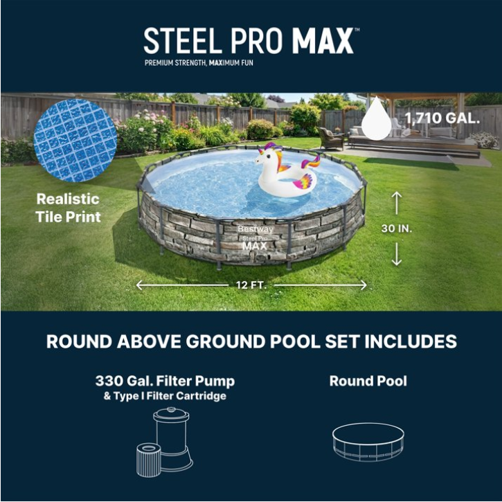 Bestway Steel Pro MAX 12' x 30" Metal Frame Above Ground Pool, Filter Pump & Cartridge, Stone