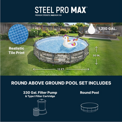 Bestway Steel Pro MAX 12' x 30" Metal Frame Above Ground Pool, Filter Pump & Cartridge, Stone