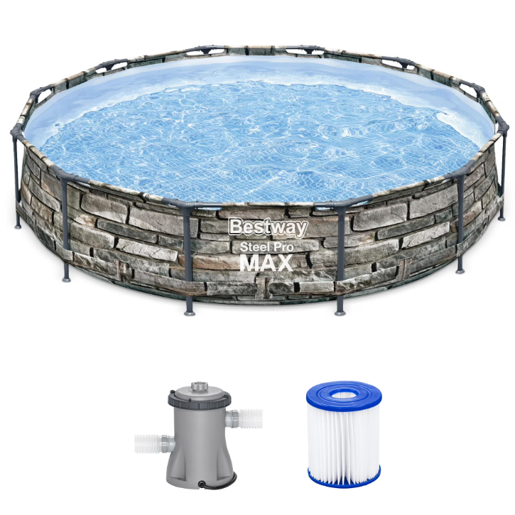 Bestway Steel Pro MAX 12' x 30" Metal Frame Above Ground Pool, Filter Pump & Cartridge, Stone