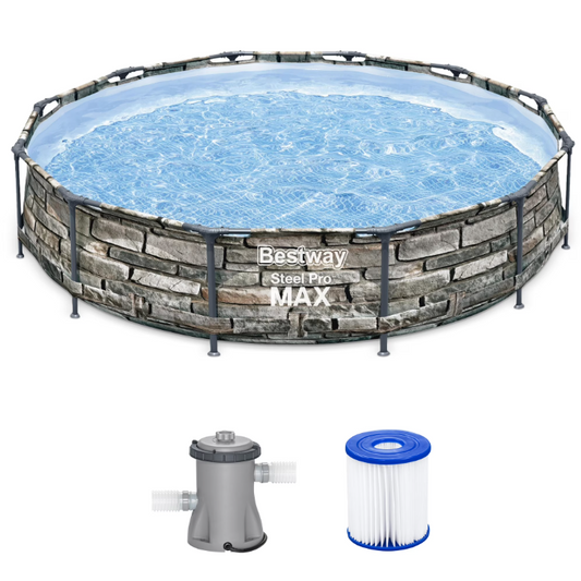 Bestway Steel Pro MAX 12' x 30" Metal Frame Above Ground Pool, Filter Pump & Cartridge, Stone