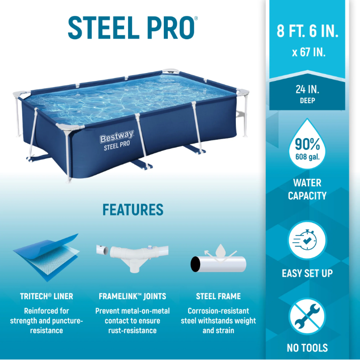 Bestway Steel Pro 8'6" x 67" x 24" Rectangular Above Ground Swimming Pool