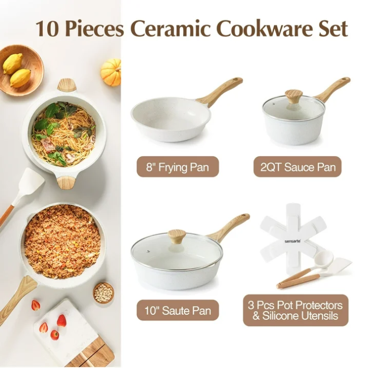 SENSARTE Ceramic Nonstick Pots and Pans Set, 10Pcs Healthy Non Stick Cookware Set with Pots Protectors, Induction Kitchen Cookware Sets White