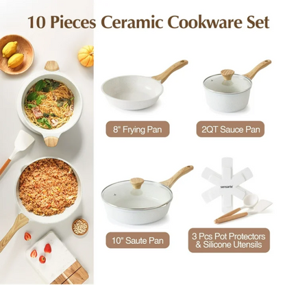 SENSARTE Ceramic Nonstick Pots and Pans Set, 10Pcs Healthy Non Stick Cookware Set with Pots Protectors, Induction Kitchen Cookware Sets White