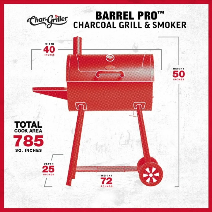 Char-Griller Barrel Pro Charcoal Barrel Grill Outdoor BBQ Smoker Patio Backyard Heavy Duty