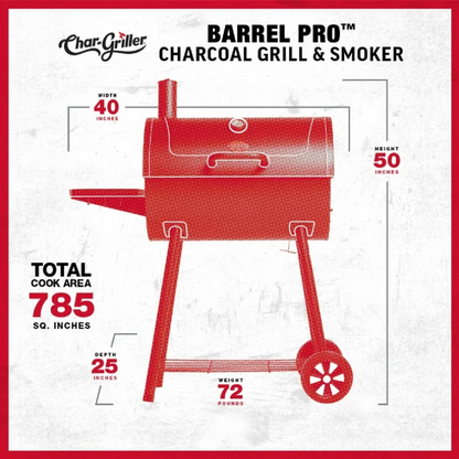 Char-Griller Barrel Pro Charcoal Barrel Grill Outdoor BBQ Smoker Patio Backyard Heavy Duty