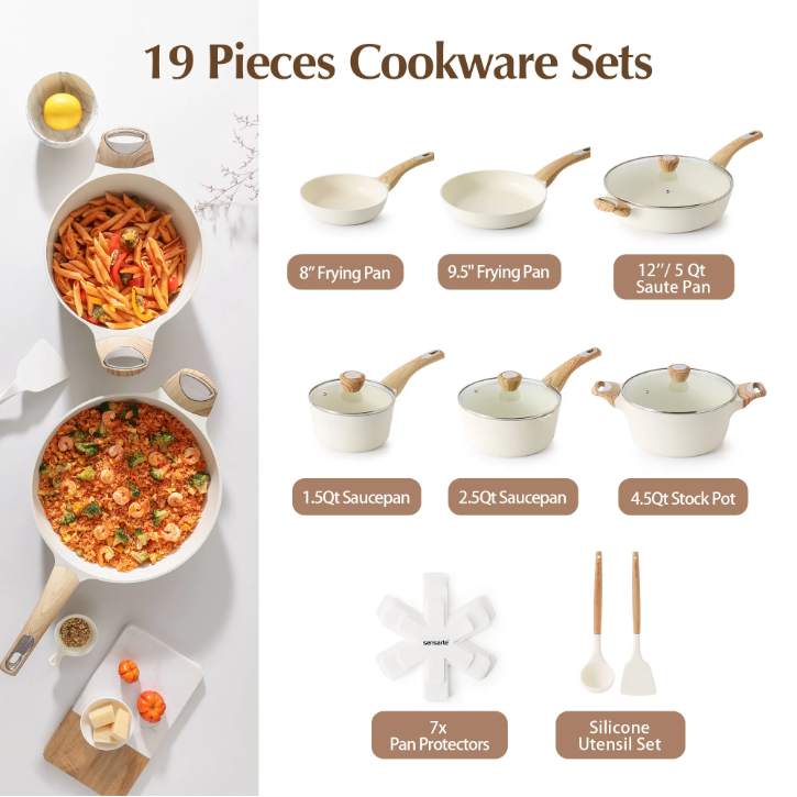 SENSARTE Ceramic Nonstick Pots and Pans Set, 19Pcs Healthy Kitchen Cookware Set with Pots Protectors, Induction Compatible White
