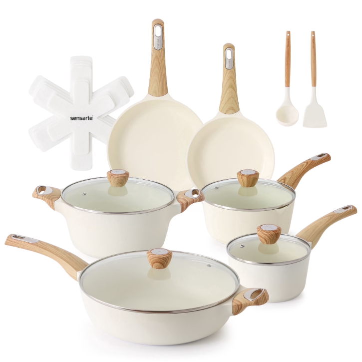 SENSARTE Ceramic Nonstick Pots and Pans Set, 19Pcs Healthy Kitchen Cookware Set with Pots Protectors, Induction Compatible White