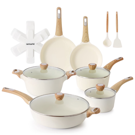 SENSARTE Ceramic Nonstick Pots and Pans Set, 19Pcs Healthy Kitchen Cookware Set with Pots Protectors, Induction Compatible White