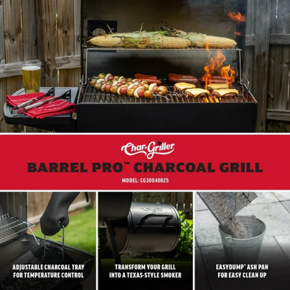 Char-Griller Barrel Pro Charcoal Barrel Grill Outdoor BBQ Smoker Patio Backyard Heavy Duty