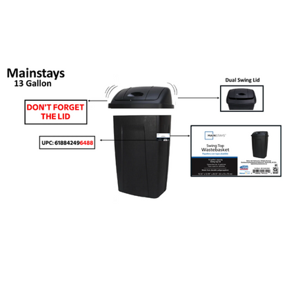 Mainstays 13 Gallon Kitchen Trash Can Plastic Garbage Bin Swing Top Lid Black