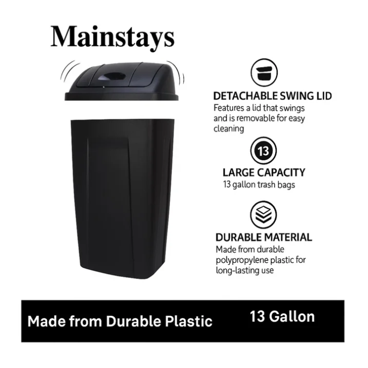 Mainstays 13 Gallon Kitchen Trash Can Plastic Garbage Bin Swing Top Lid Black