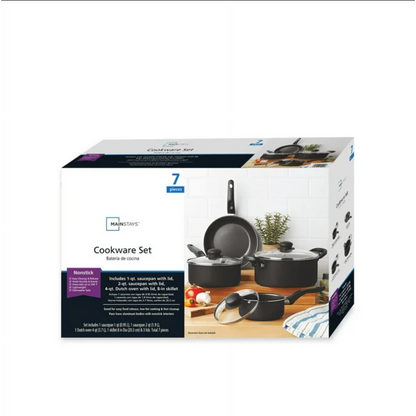 Mainstays 7 Piece Nonstick Cookware Set Aluminum Pots and Pans Black Kitchen Set