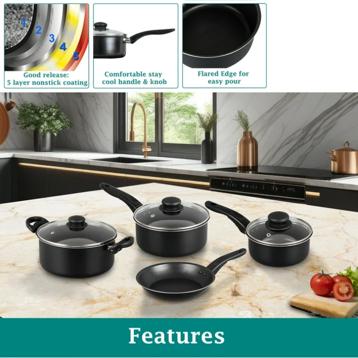 Mainstays 7 Piece Nonstick Cookware Set Aluminum Pots and Pans Black Kitchen Set