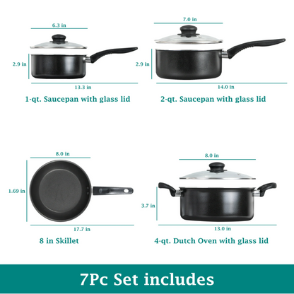 Mainstays 7 Piece Nonstick Cookware Set Aluminum Pots and Pans Black Kitchen Set