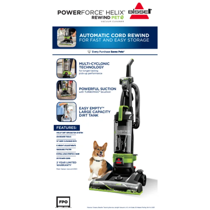 BISSELL PowerForce Helix Turbo Rewind Pet Upright Vacuum Cleaner 3333 Automatic Cord Rewind Pet Hair Vacuum Black Green