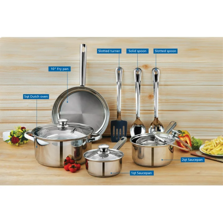 Mainstays 10 Piece Stainless Steel Cookware Set Pots and Pans Kitchen Cooking Set