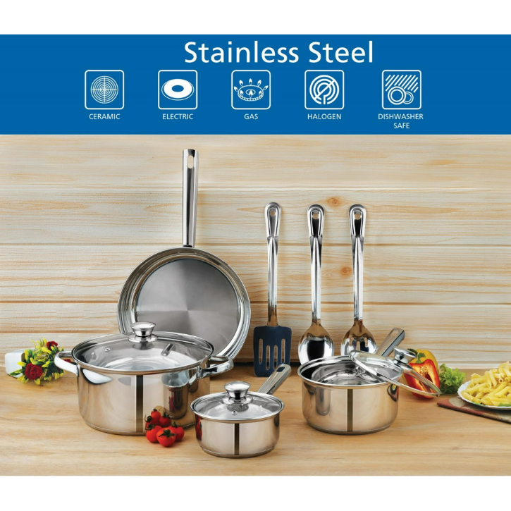 Mainstays 10 Piece Stainless Steel Cookware Set Pots and Pans Kitchen Cooking Set