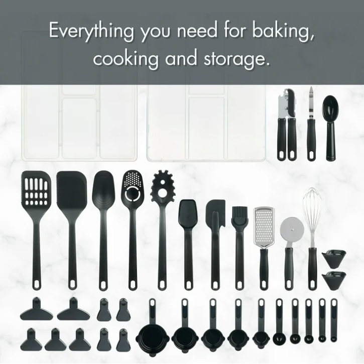 Mainstays 36 Piece Kitchen Gadget Set with Kitchen Cooking Utensils, and Drawer Organizer, Black