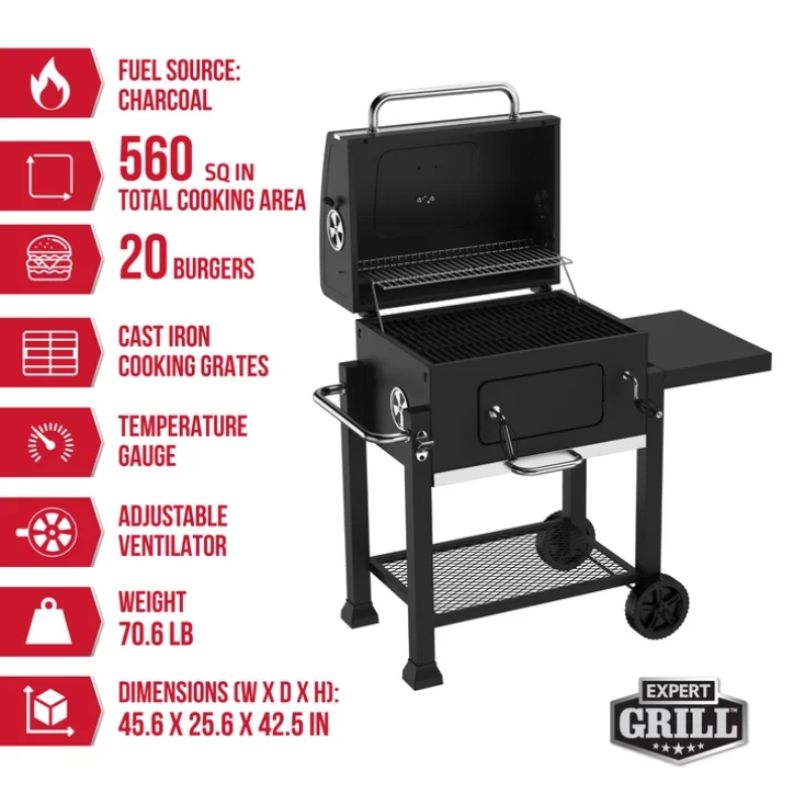 Expert Grill 24 Inch Heavy Duty Charcoal Grill Outdoor BBQ Grill with Wheels Black Patio Backyard