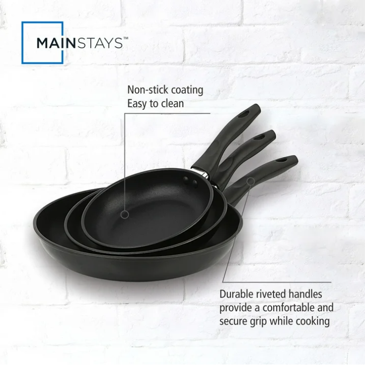 Mainstays 3 Piece Nonstick Skillet Set Aluminum Frying Pans Black Kitchen Cookware