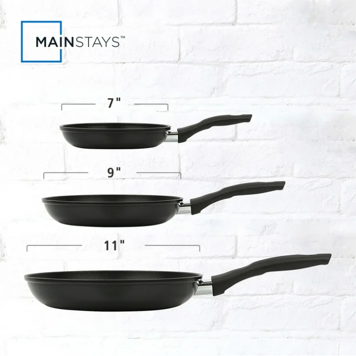 Mainstays 3 Piece Nonstick Skillet Set Aluminum Frying Pans Black Kitchen Cookware