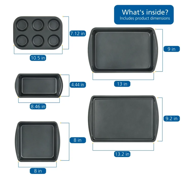 Mainstays 6 Piece Nonstick Bakeware Set Carbon Steel Baking Pans Muffin Cake Cookie Loaf Gray