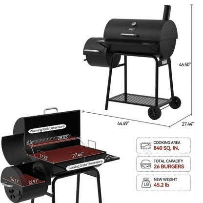Royal Gourmet 30" Barrel Charcoal Grill with Offset Smoker CC1830F Outdoor BBQ Backyard Grill Black