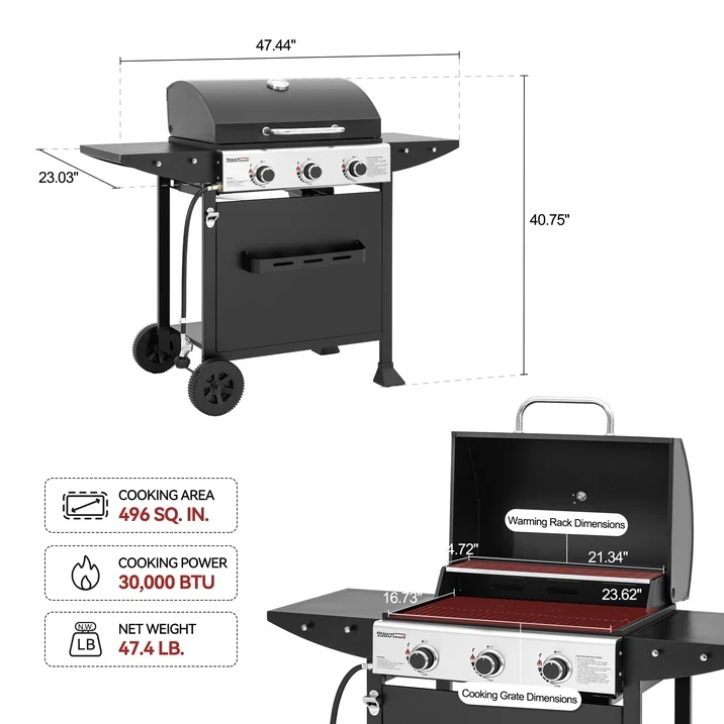Royal Gourmet 3 Burner Propane Gas Grill GH3001H 30000 BTU BBQ Grill with Side Shelves Spice Rack Outdoor