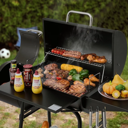 Royal Gourmet CC1624S Barrel Charcoal Grill with Offset Smoker 552 Sq In Outdoor BBQ Backyard Grill Black