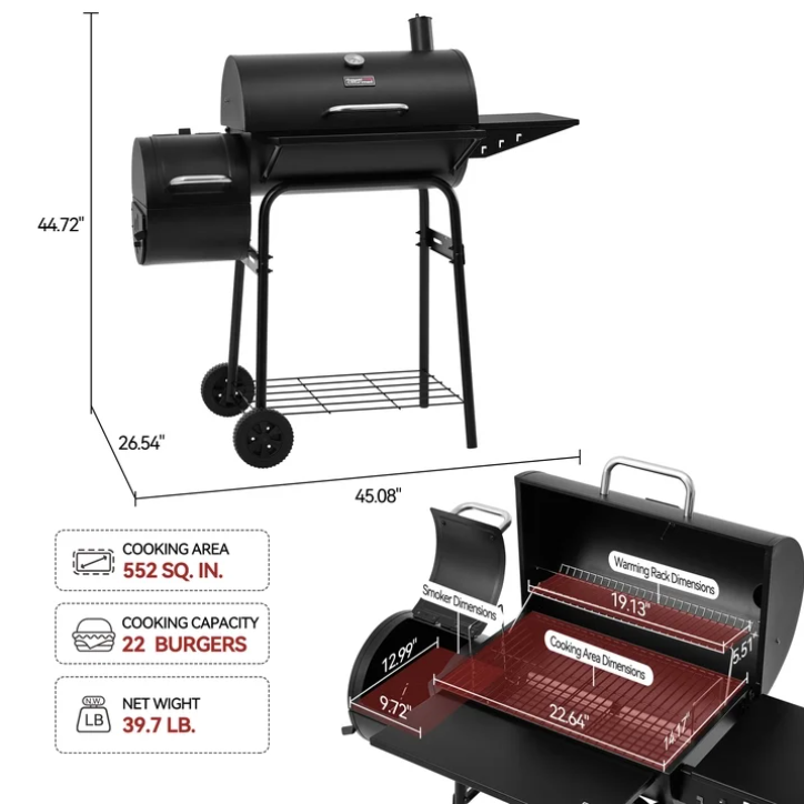 Royal Gourmet CC1624S Barrel Charcoal Grill with Offset Smoker 552 Sq In Outdoor BBQ Backyard Grill Black