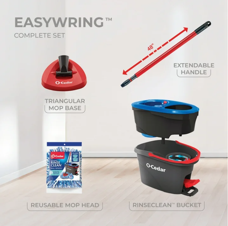 O-Cedar RinseClean Spin Mop and Bucket System 2 Tank Microfiber Mop Hands Free Floor Cleaning System