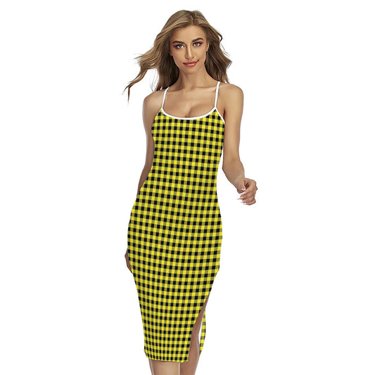Yellow And Black Check Pattern Print Cross Back Cami Dress