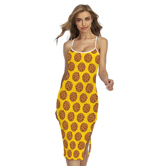 Yellow Cookie Pattern Print Cross Back Cami Dress