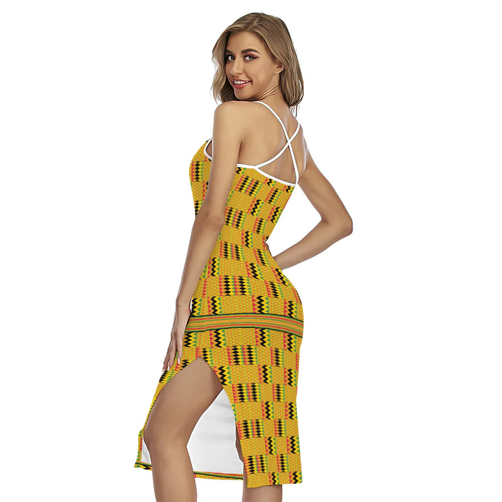 Yellow Kente Pattern Print Cross Back Cami Dress