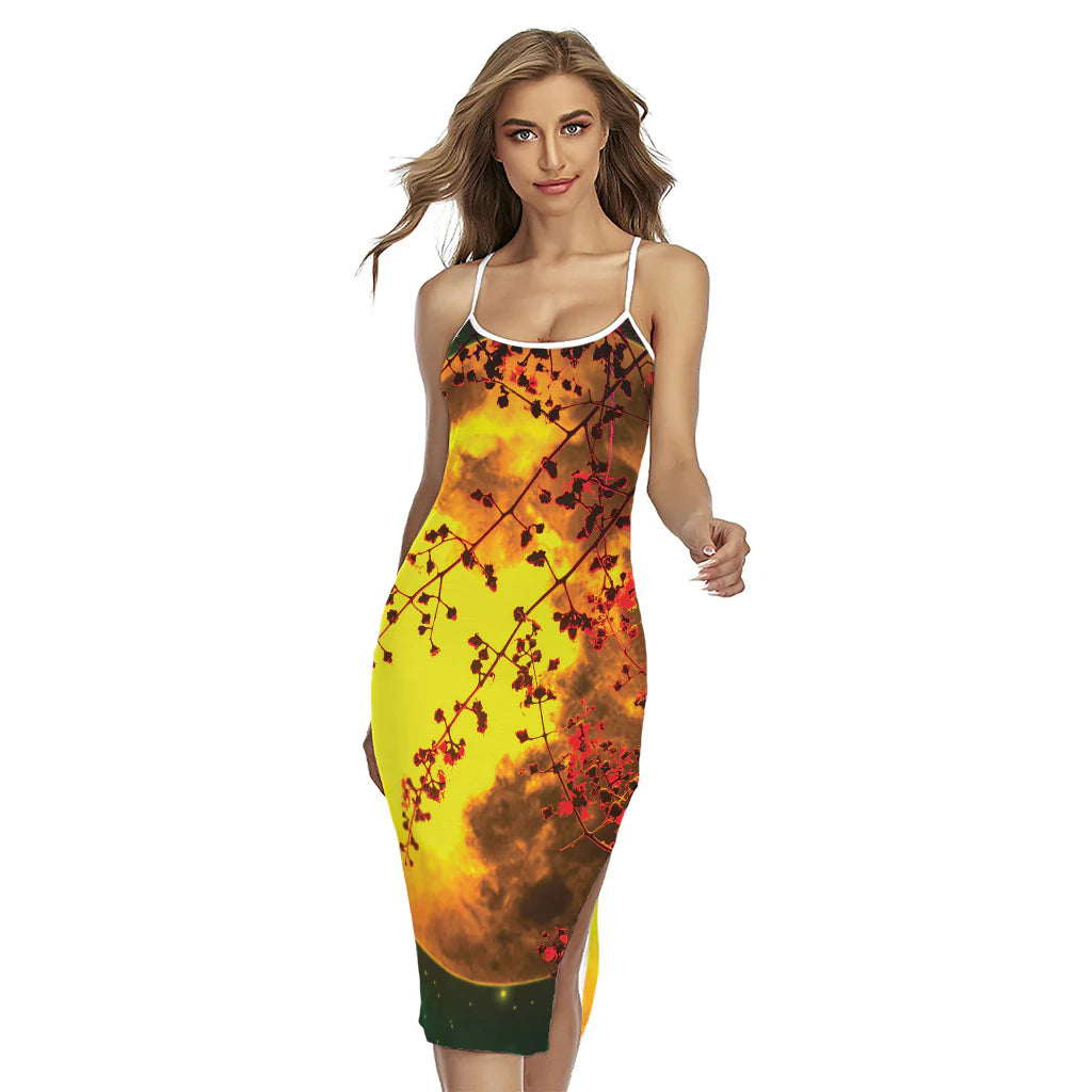 Yellow Full Moon Print Cross Back Cami Dress