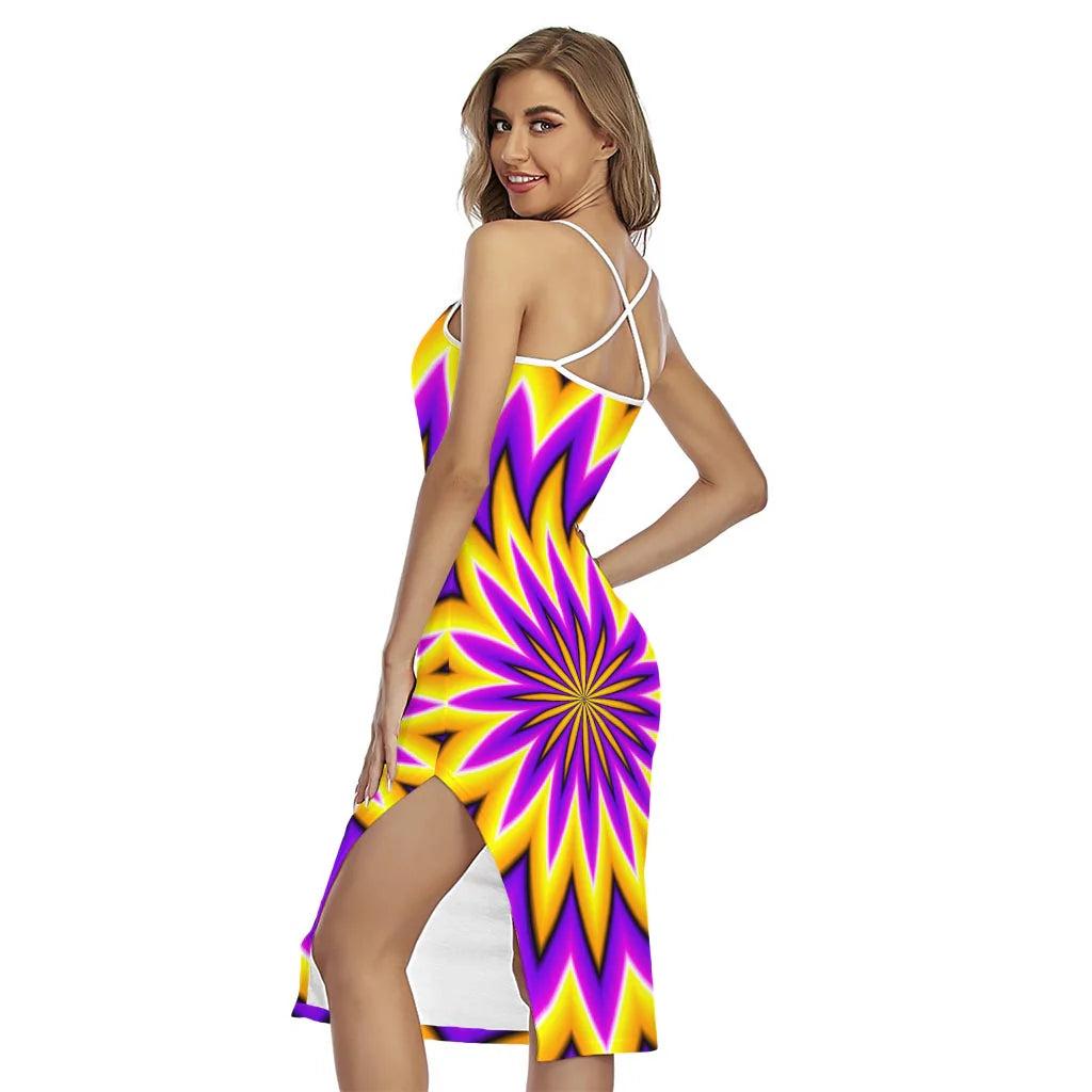 Yellow Flower Moving Optical Illusion Cross Back Cami Dress